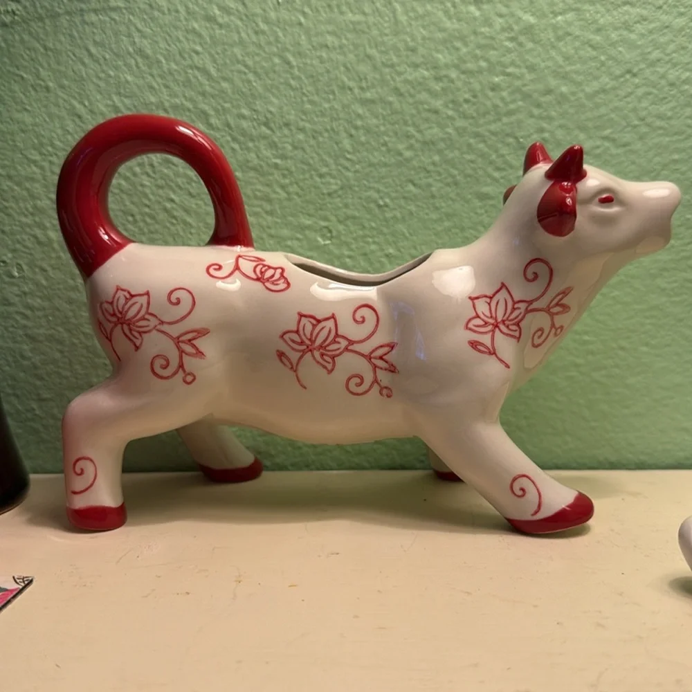 Ceramic Cow Creamer with Red Floral Design 7”  #18
